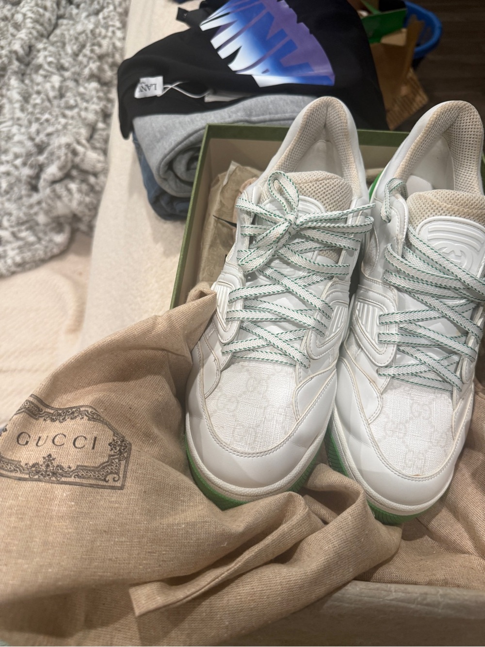 Gucci White Sneakers with Green Accents